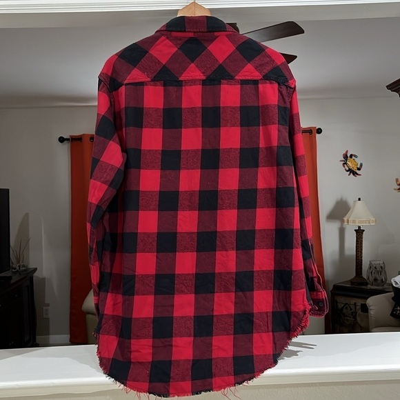 ZARA MAN Red Black Plaid Raw Hem High/Low Men’s Button Front Shirt - Picture 2 of 5
